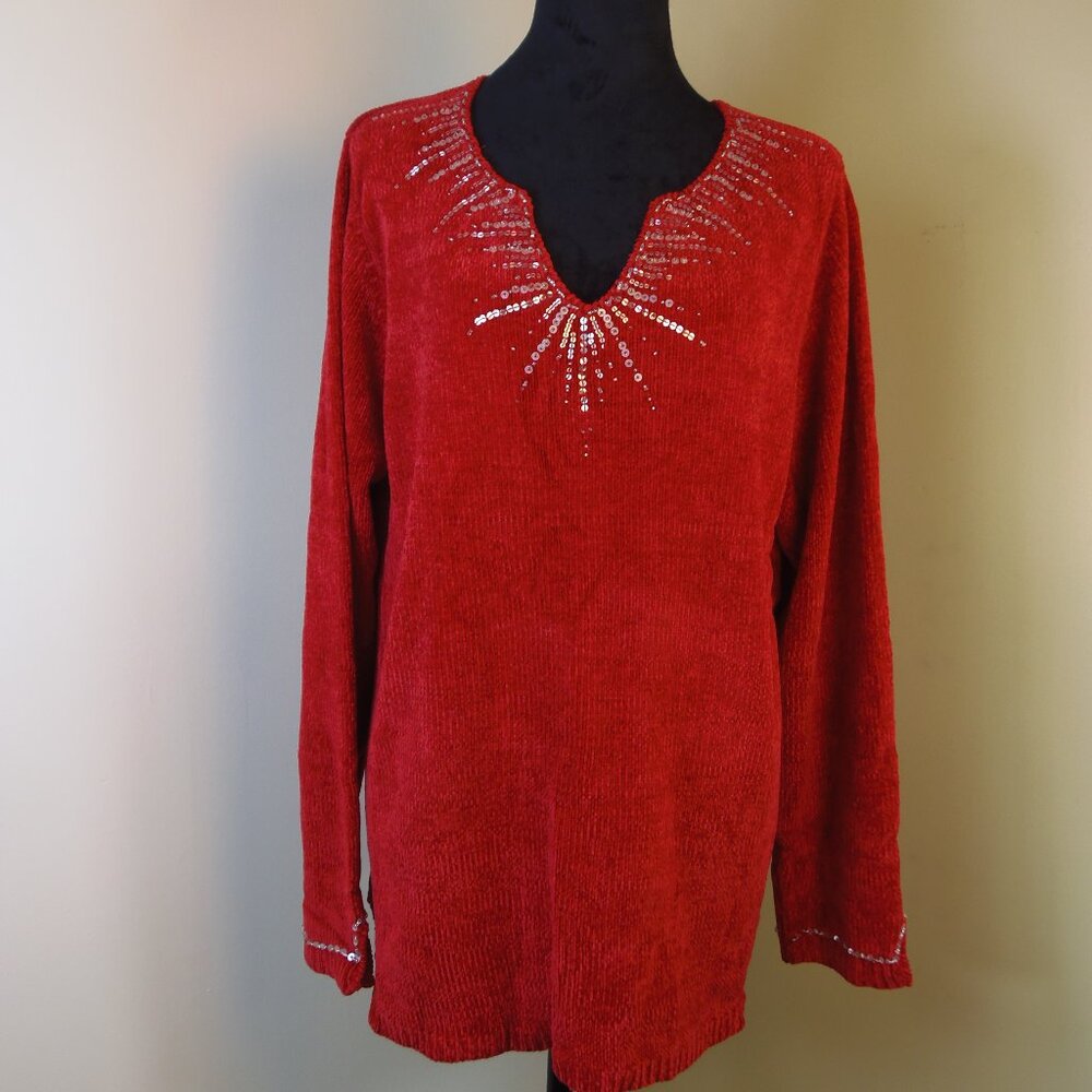 Quacker Factory SZ Lg V Neck Chenille & Sequin Sweater Festive Subtle Flair